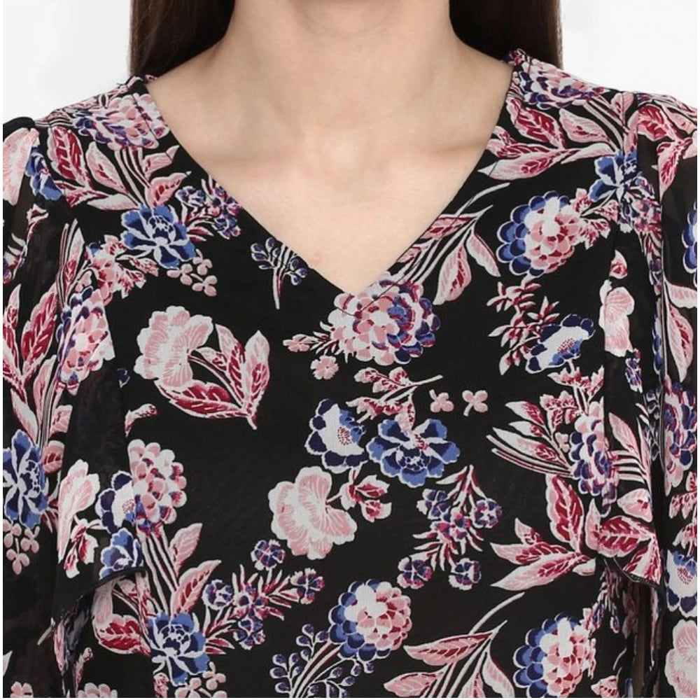 Snuggle Spot Women's Polyester Floral Short Sleeve Knee-Length Dress (Black - Multicolor)