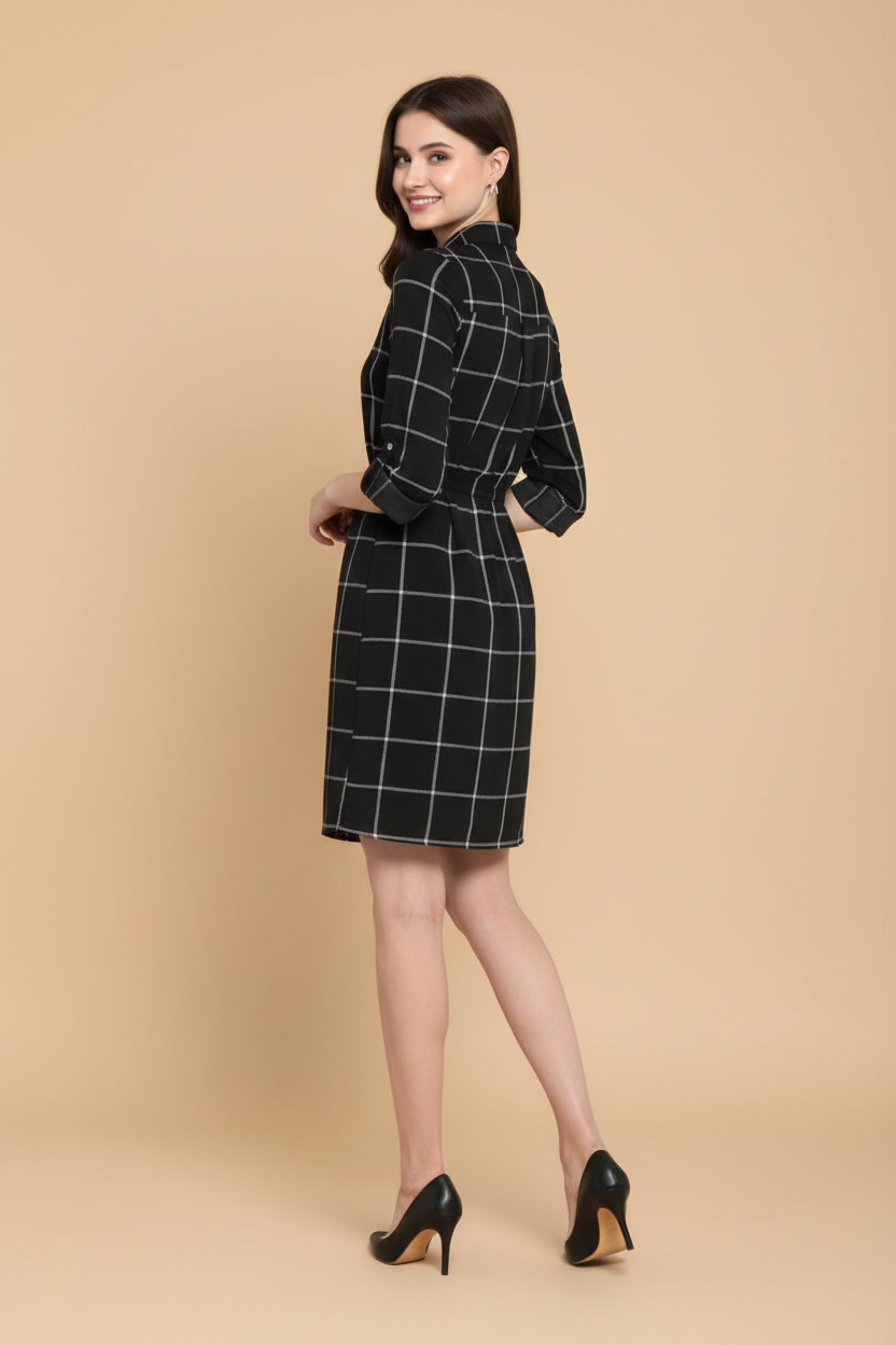 Snuggle Spot Women's Polyester Checkered Roll Up Sleeve Above Knee Dress (Black - White)