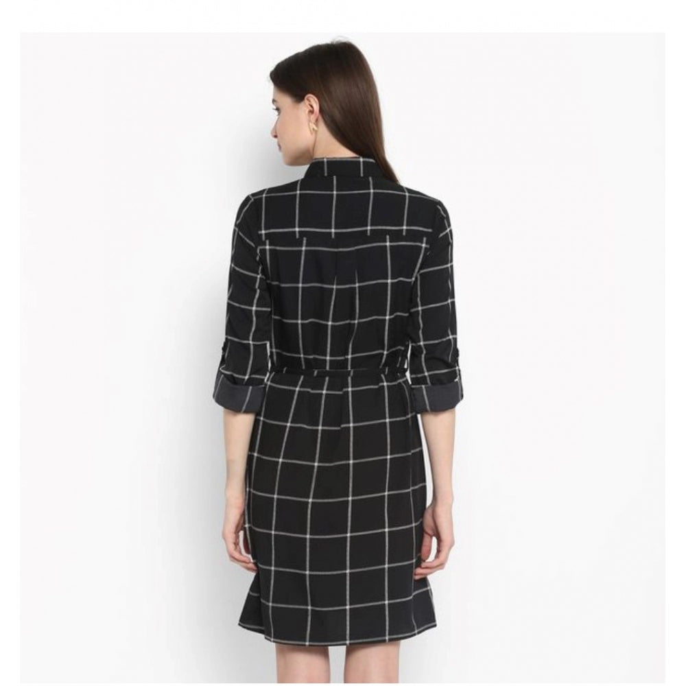 Snuggle Spot Women's Polyester Checkered Roll Up Sleeve Above Knee Dress (Black - White)