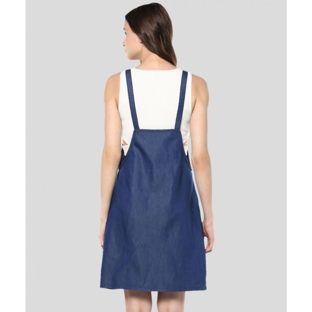 Snuggle Spot Women's Denim Solid Shoulder Straps Above Knee Dress (Blue)