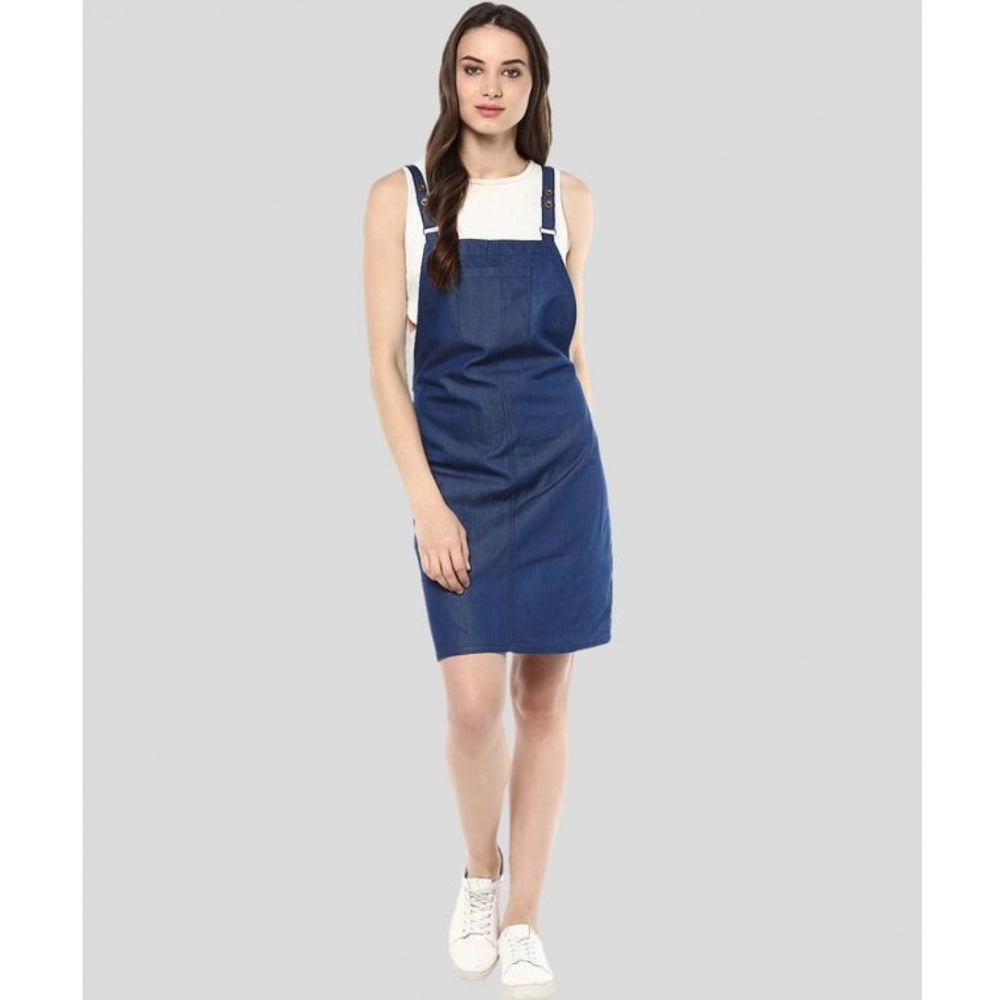 Snuggle Spot Women's Denim Solid Shoulder Straps Above Knee Dress (Blue)