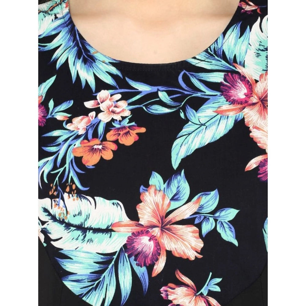 Snuggle Spot Women's Polyester Printed Sleeveless Above Knee Dress (Black - Multicolor)