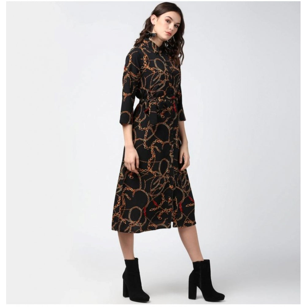 Snuggle Spot Women's Polyester Chain Print Roll Up Sleeve Below Knee Dress (Black - Yellow)