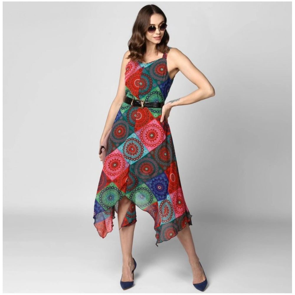 Snuggle Spot Women's Polyester Asymmetrical Shoulder Straps Knee-Length Dress (Multicolor)