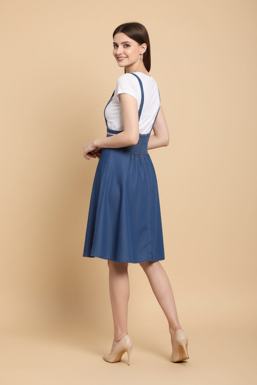 Snuggle Spot Women's Denim Solid Shoulder Straps Below Knee Dress (Blue)