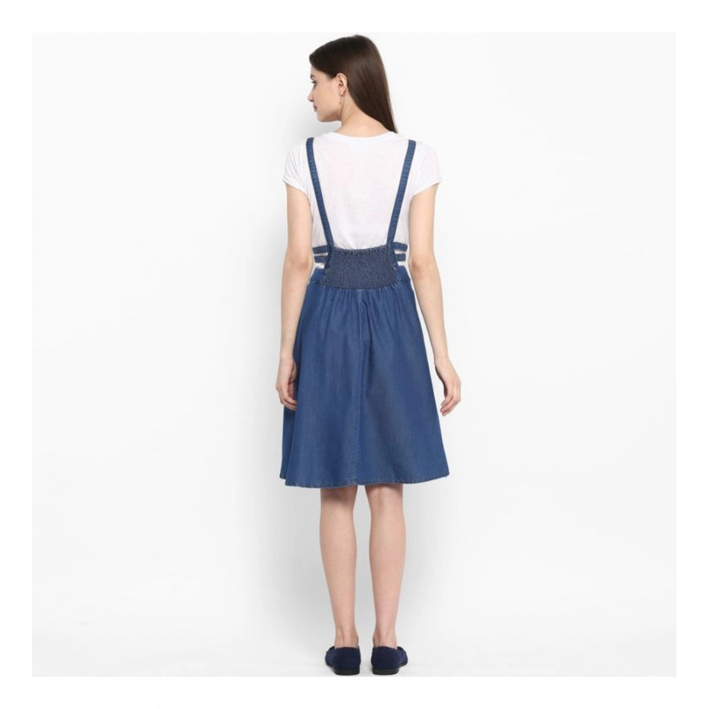 Snuggle Spot Women's Denim Solid Shoulder Straps Below Knee Dress (Blue)