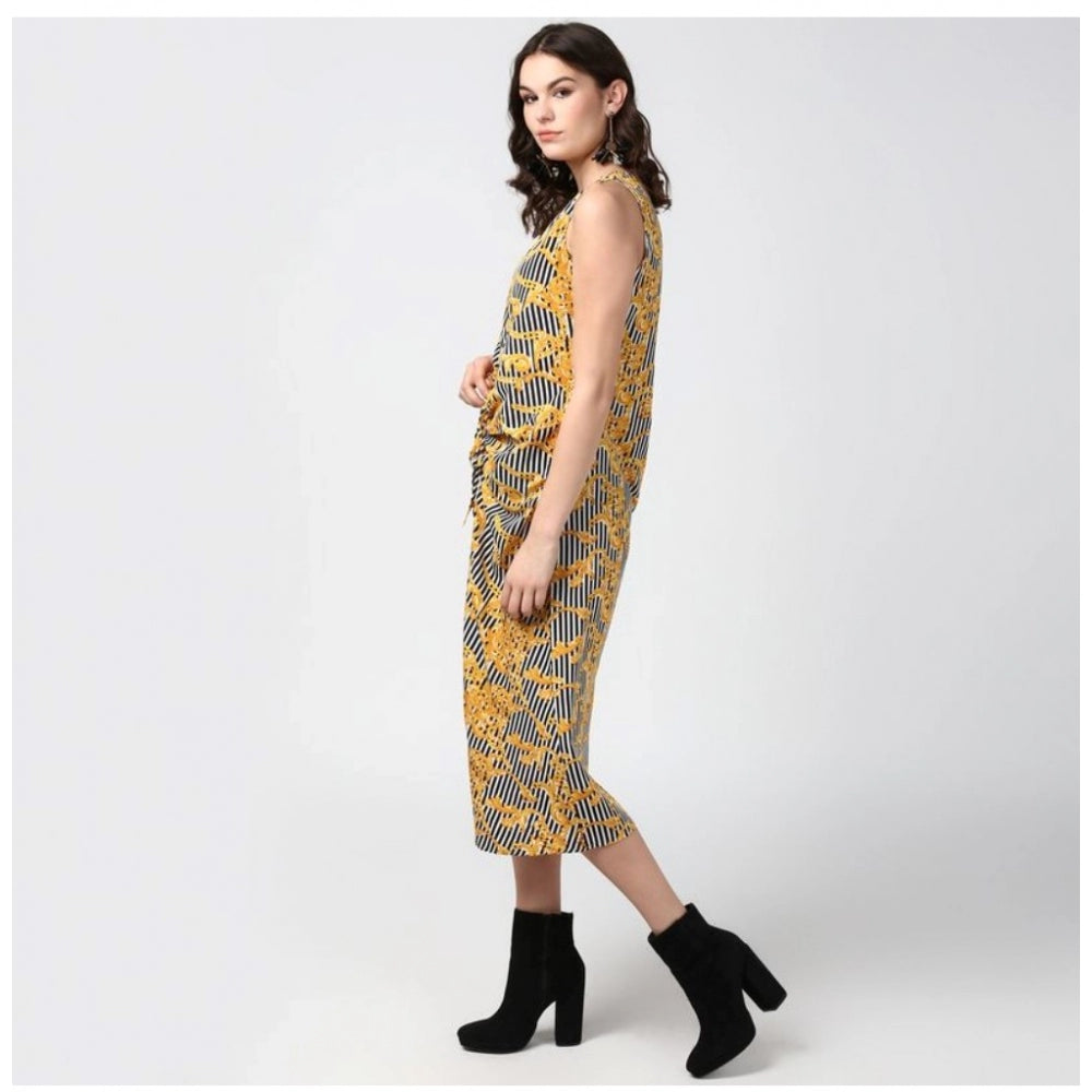 Snuggle Spot Women's Polyester Chain Print Sleeveless Below Knee Dress (Yellow - Black)