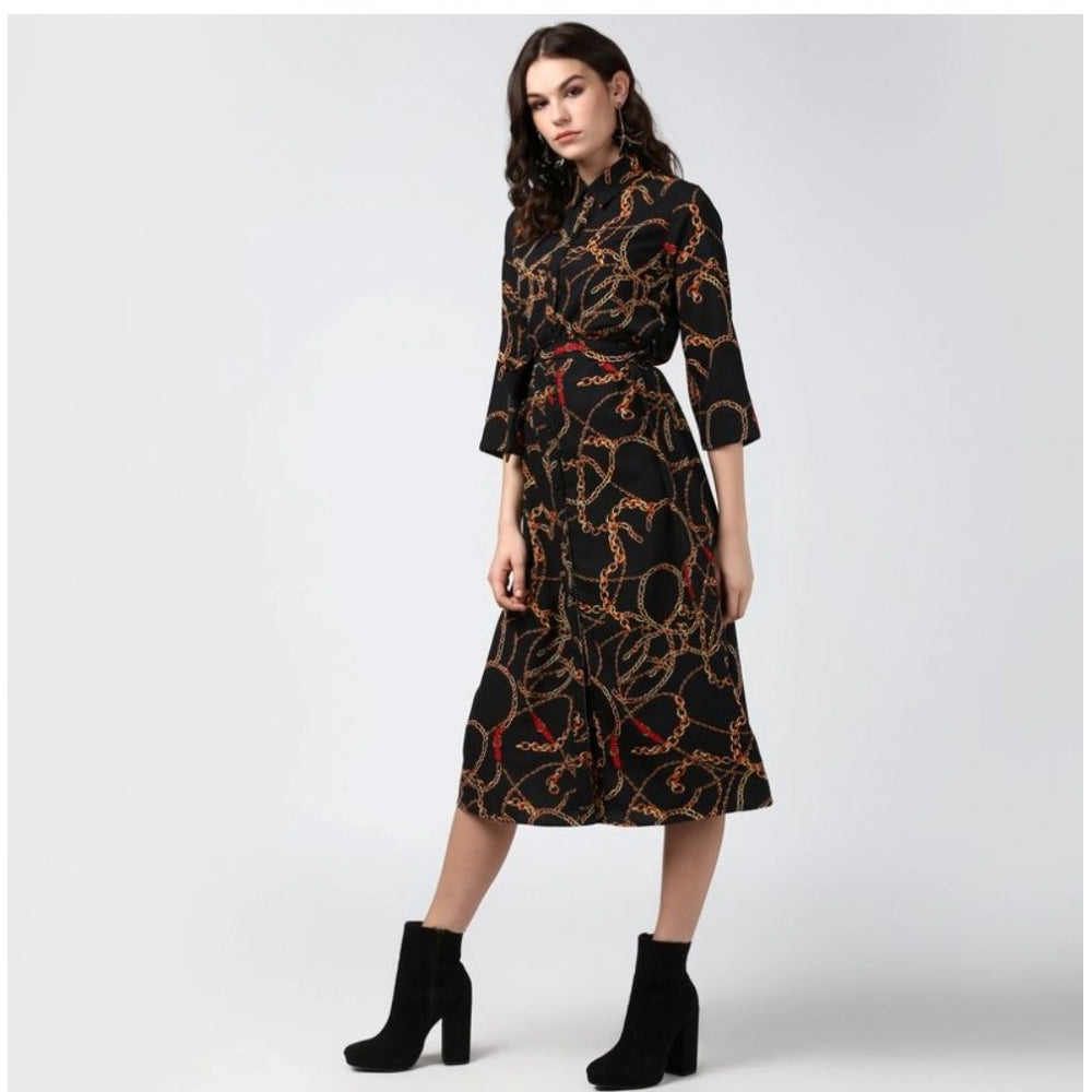 Snuggle Spot Women's Polyester Chain Print Roll Up Sleeve Below Knee Dress (Black - Yellow)
