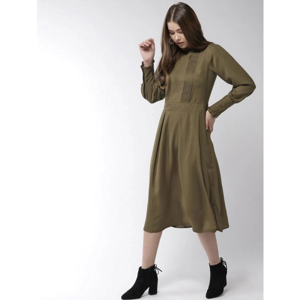 Snuggle Spot Women's Polyester Pintuck Long Sleeves Below Knee Dress (Olive)