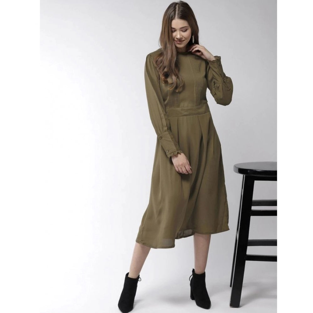 Snuggle Spot Women's Polyester Pintuck Long Sleeves Below Knee Dress (Olive)