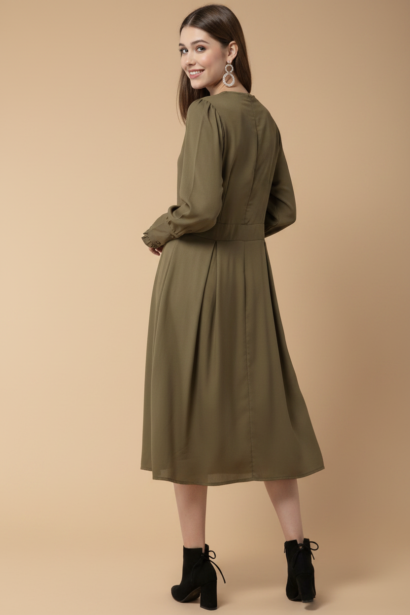 Snuggle Spot Women's Polyester Pintuck Long Sleeves Below Knee Dress (Olive)