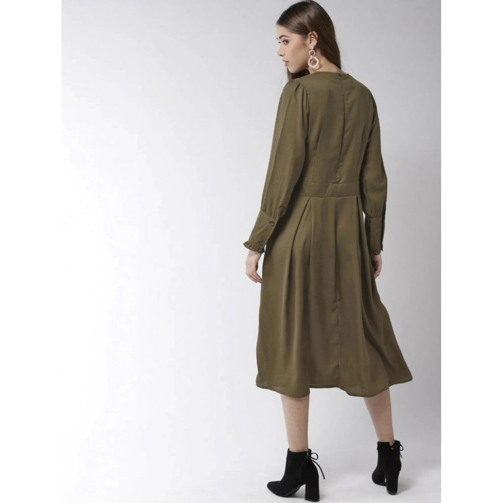 Snuggle Spot Women's Polyester Pintuck Long Sleeves Below Knee Dress (Olive)