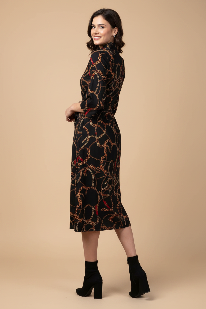 Snuggle Spot Women's Polyester Chain Print Roll Up Sleeve Below Knee Dress (Black - Yellow)