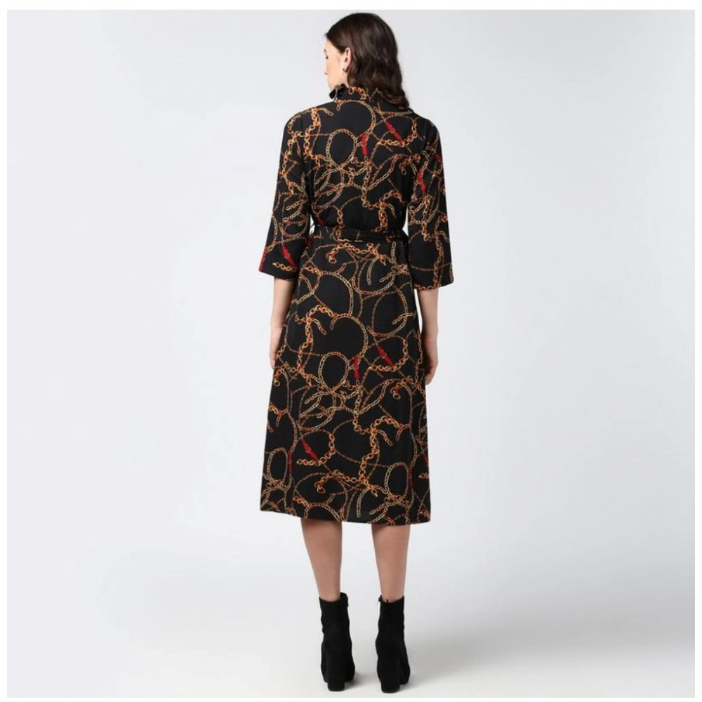 Snuggle Spot Women's Polyester Chain Print Roll Up Sleeve Below Knee Dress (Black - Yellow)