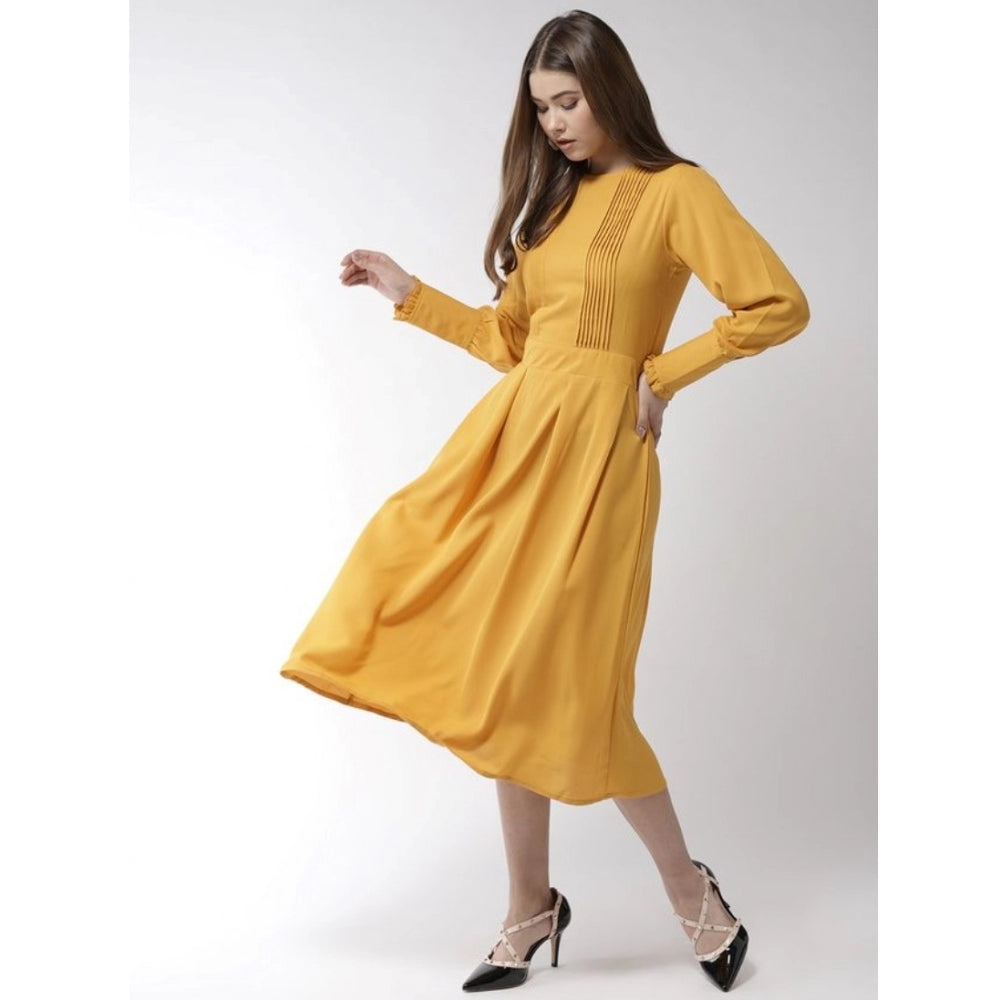 Snuggle Spot Women's Polyester Pintuck Long Sleeves Below Knee Dress (Yellow)