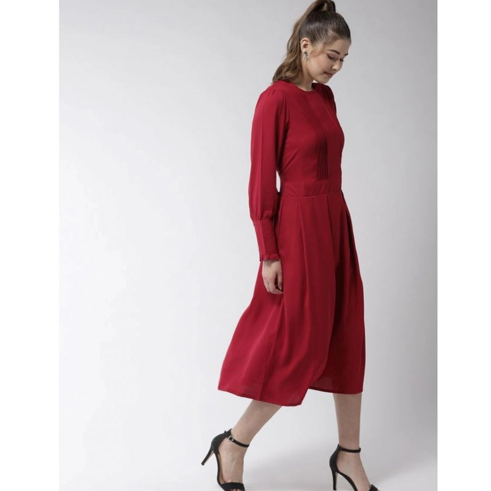 Snuggle Spot Women's Polyester Pintuck Long Sleeves Below Knee Dress (Red)