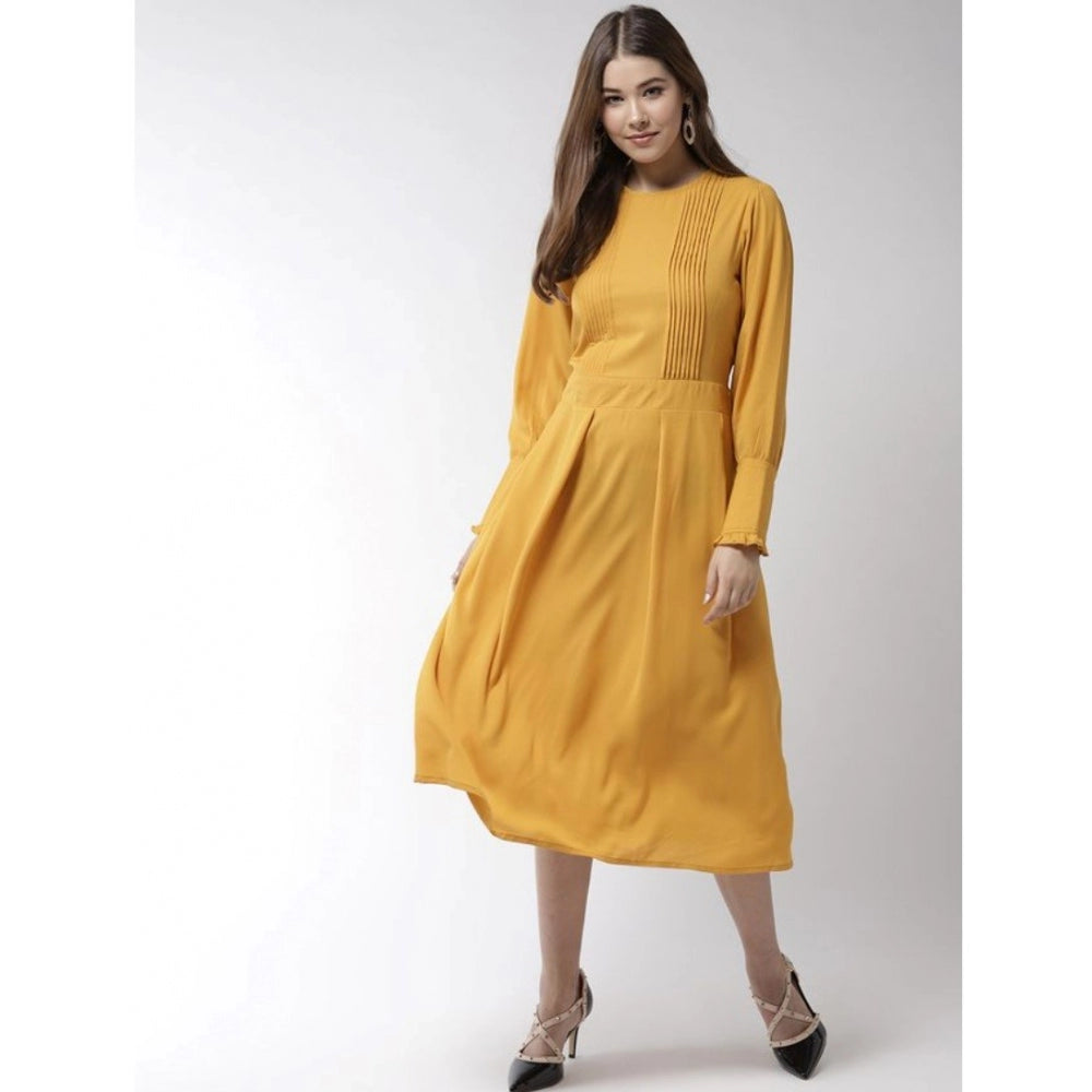 Snuggle Spot Women's Polyester Pintuck Long Sleeves Below Knee Dress (Yellow)