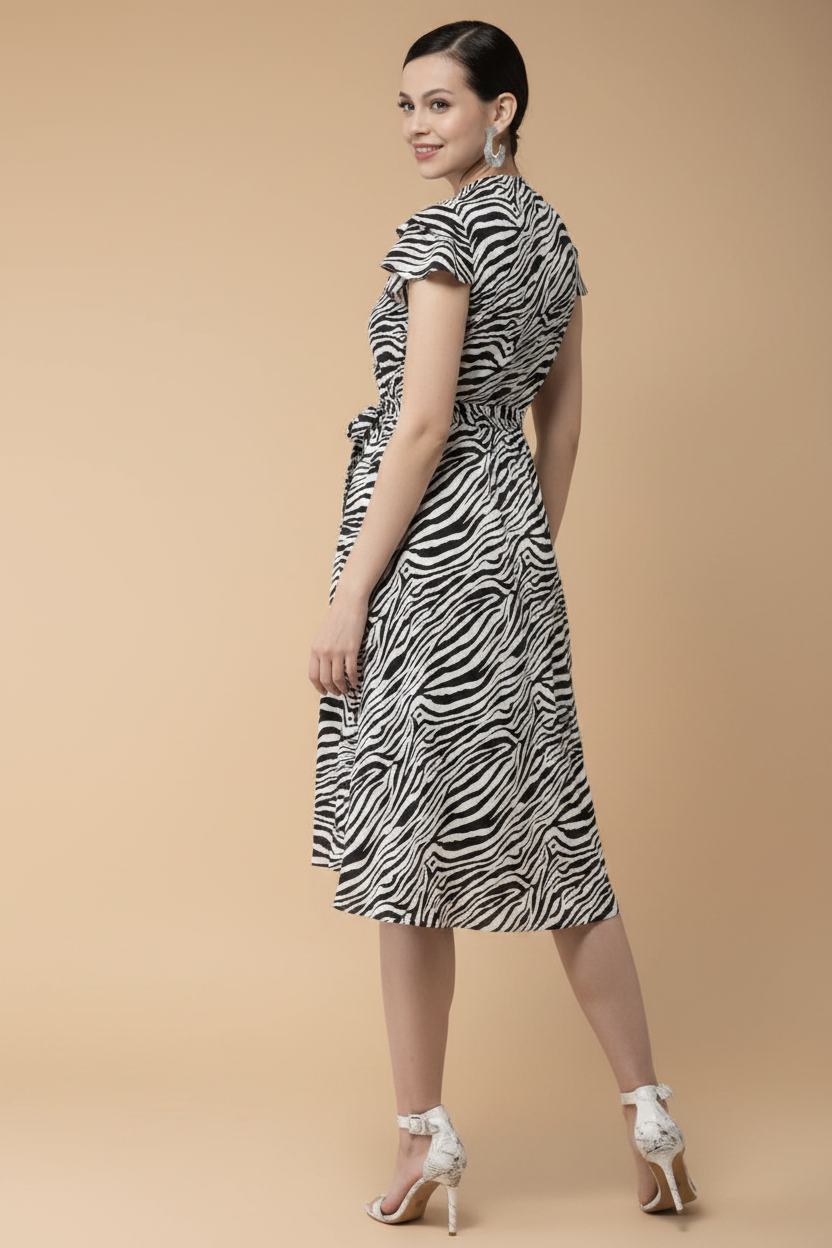 Snuggle Spot Women's Polyester Animal Print Short Sleeve Knee-Length Dress (Black - White)