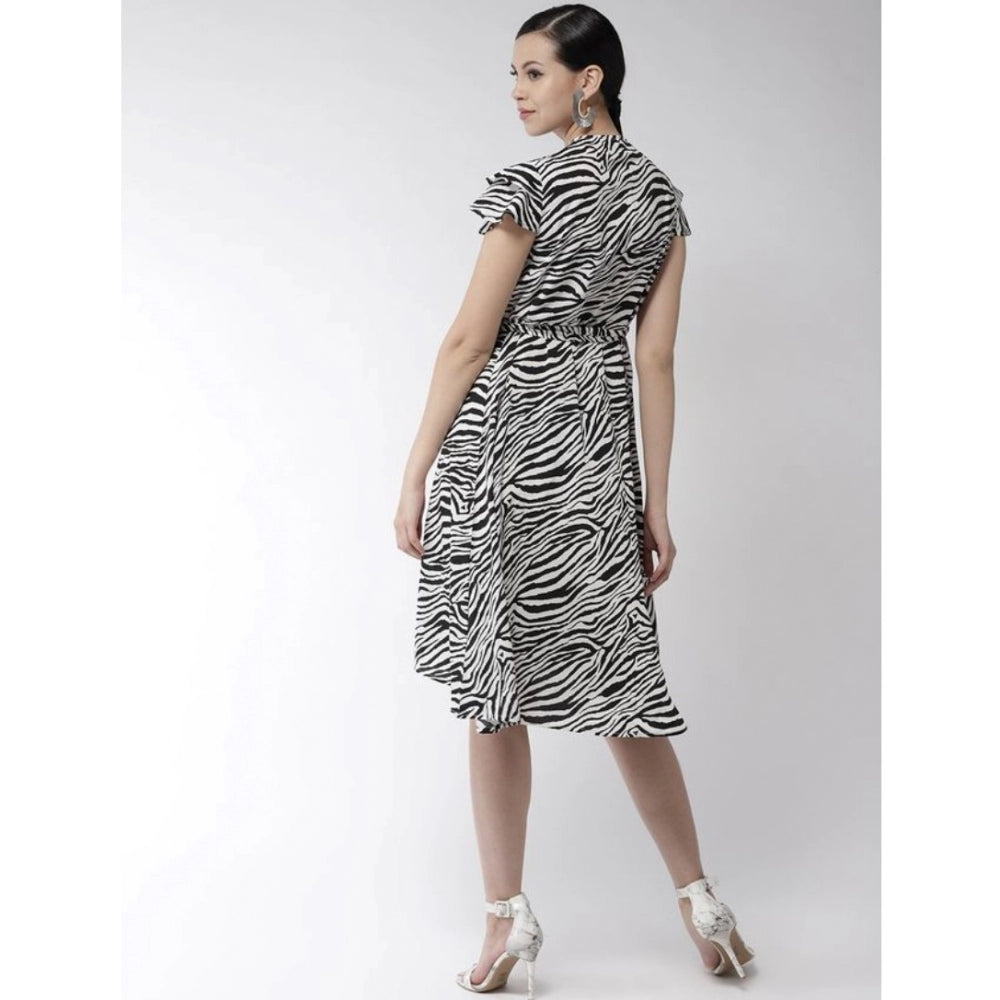 Snuggle Spot Women's Polyester Animal Print Short Sleeve Knee-Length Dress (Black - White)