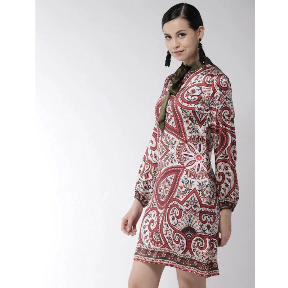 Snuggle Spot Women's Polyester Printed Long Sleeves Above Knee Dress (Red)