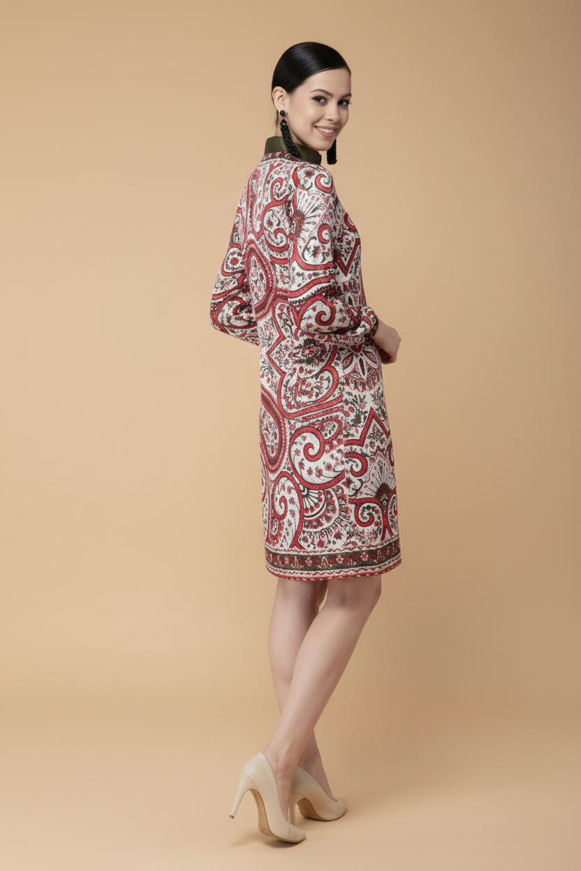 Snuggle Spot Women's Polyester Printed Long Sleeves Above Knee Dress (Red)