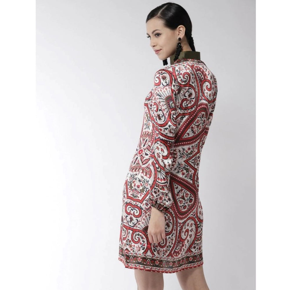 Snuggle Spot Women's Polyester Printed Long Sleeves Above Knee Dress (Red)