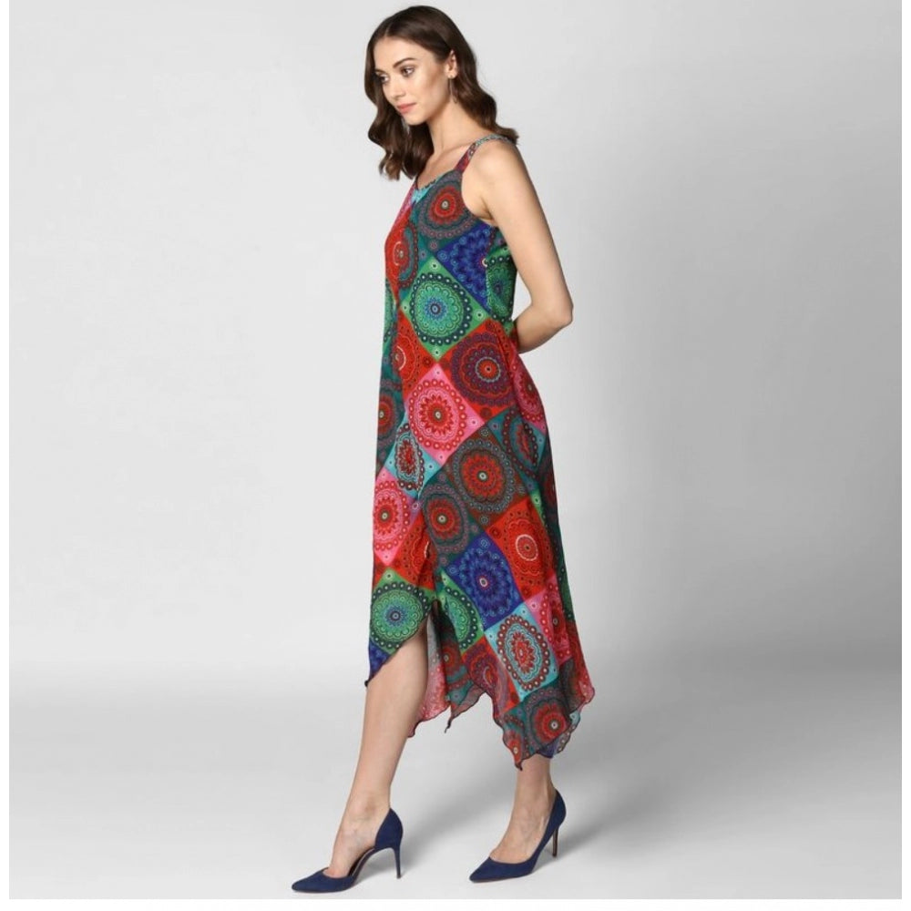Snuggle Spot Women's Polyester Asymmetrical Shoulder Straps Knee-Length Dress (Multicolor)