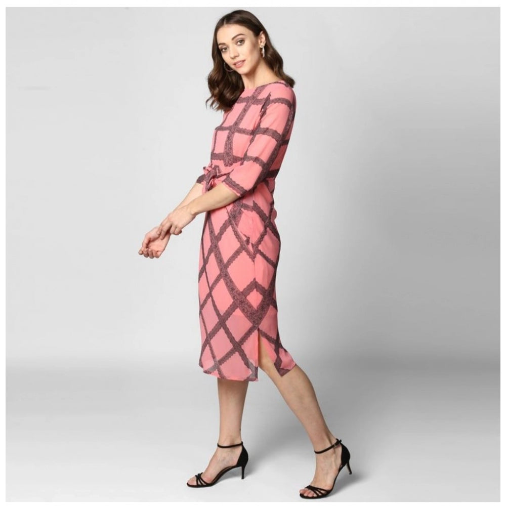 Snuggle Spot Women's Polyester Checkered 3-4th Sleeves Below Knee Dress (Pink - Black)
