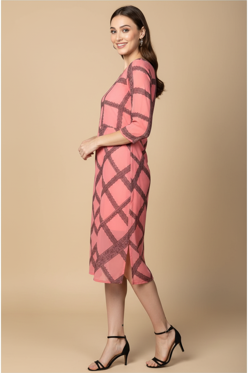 Snuggle Spot Women's Polyester Checkered 3-4th Sleeves Below Knee Dress (Pink - Black)