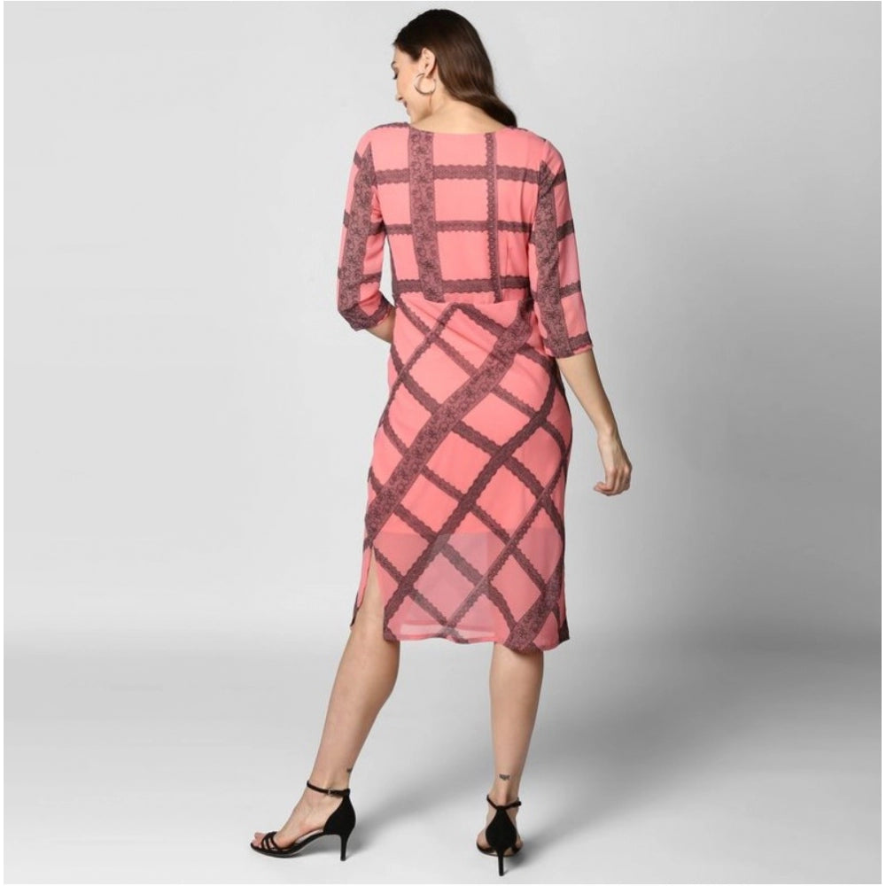 Snuggle Spot Women's Polyester Checkered 3-4th Sleeves Below Knee Dress (Pink - Black)
