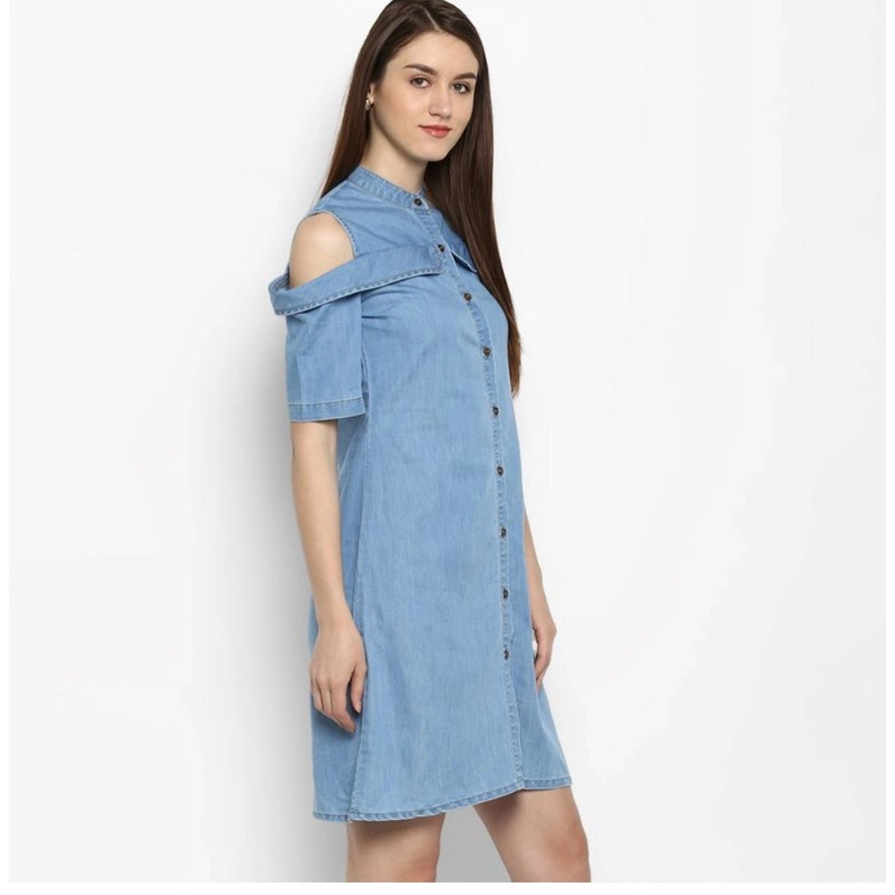 Snuggle Spot Women's Denim Solid Cold Shoulder Above Knee Dress (Blue)