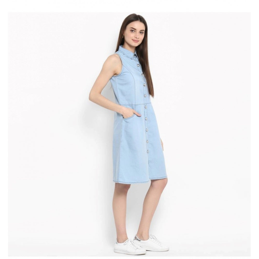 Snuggle Spot Women's Denim Solid Sleeveless Below Knee Dress (Blue)