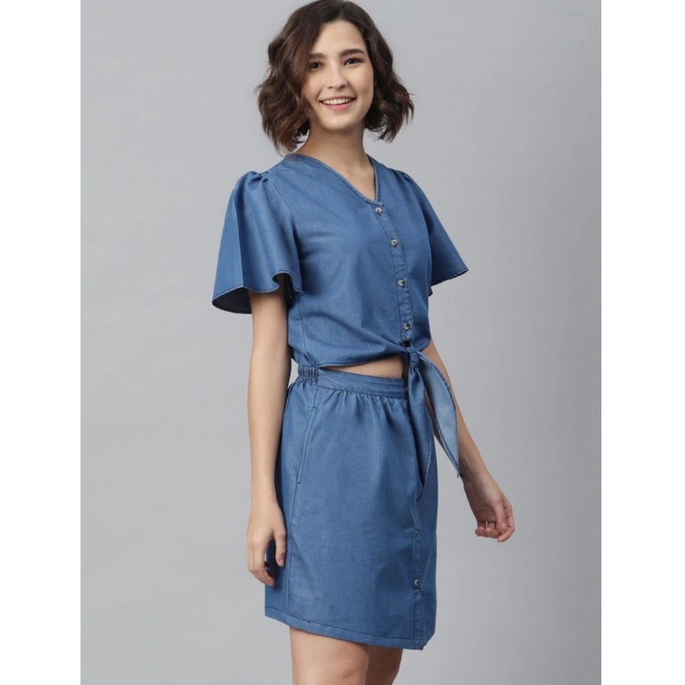 Snuggle Spot Women's Denim Solid Flutter Above Knee Dress (Blue)