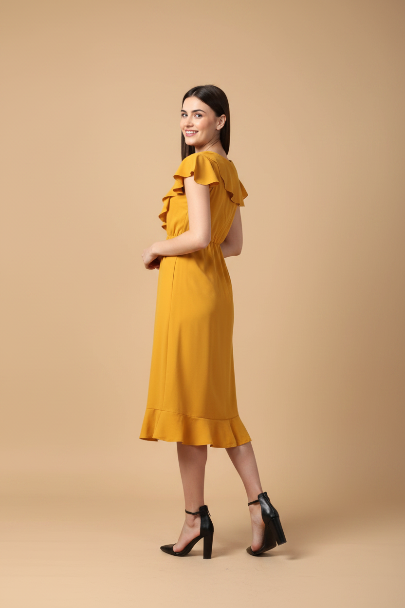 Snuggle Spot Women's Polyester Ruffled Cap Sleeve Knee-Length Dress (Yellow)