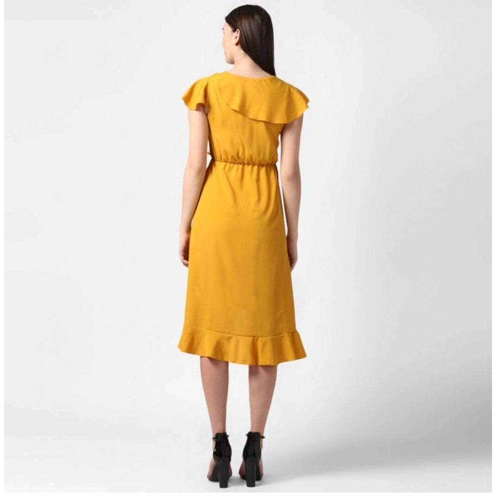 Snuggle Spot Women's Polyester Ruffled Cap Sleeve Knee-Length Dress (Yellow)