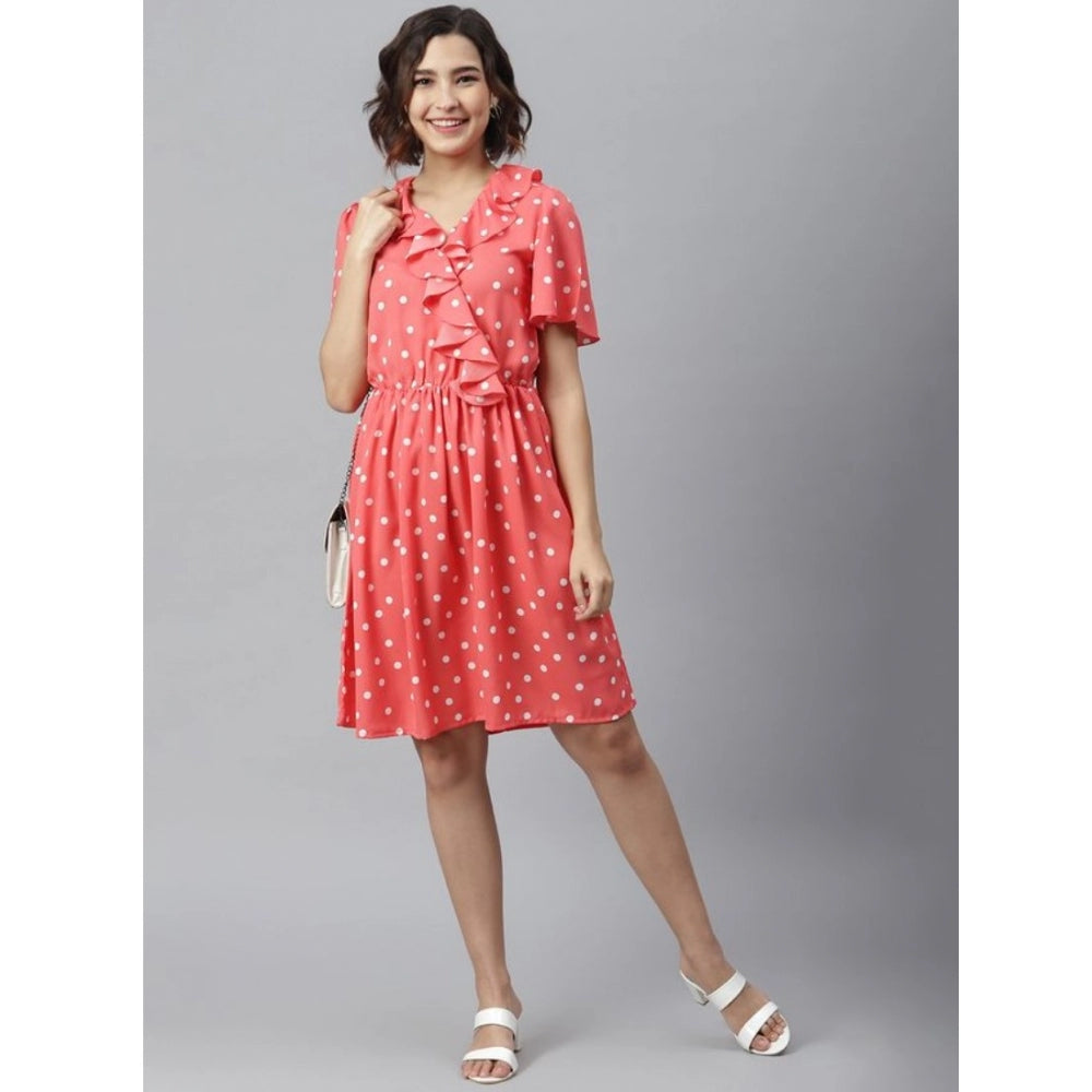Snuggle Spot Women's Polyester Polka Flutter Above Knee Dress (Coral)