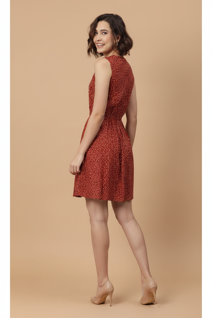 Snuggle Spot Women's Rayon Polka Sleeveless Above Knee Dress (Rust)