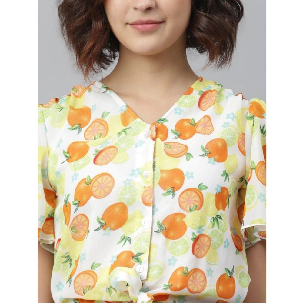 Snuggle Spot Women's Polyester Printed Flutter Above Knee Dress (Orange - Yellow)