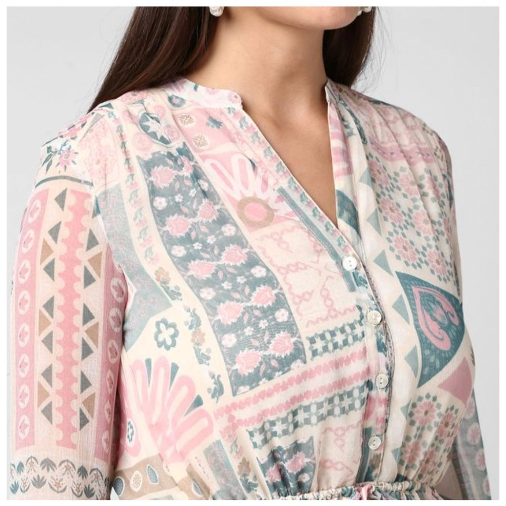 Snuggle Spot Women's Polyester Printed Long Sleeves Above Knee Dress (Light Pink - Off White)
