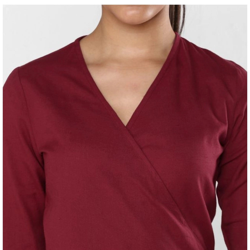 Snuggle Spot Women's Cotton Solid 3-4th Sleeves Above Knee Dress (Maroon)