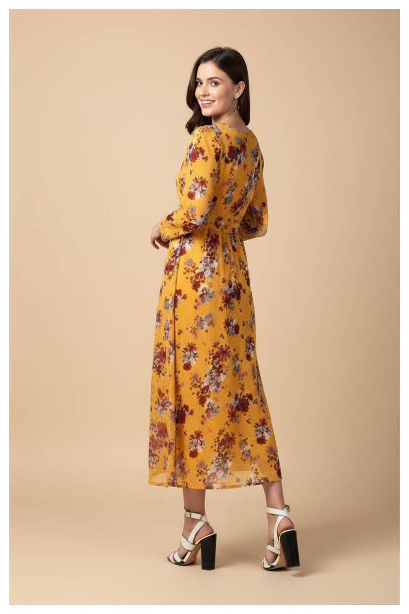 Snuggle Spot Women's Polyester Floral Long Sleeves Calf-length Dress (Yellow)