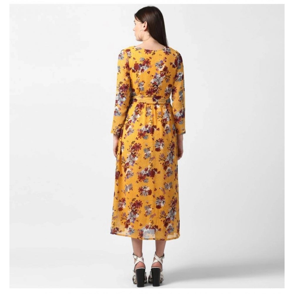 Snuggle Spot Women's Polyester Floral Long Sleeves Calf-length Dress (Yellow)