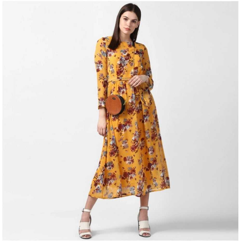 Snuggle Spot Women's Polyester Floral Long Sleeves Calf-length Dress (Yellow)