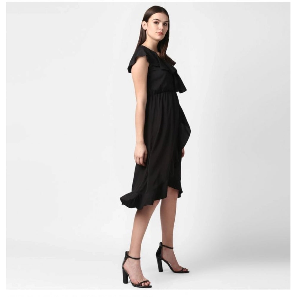 Snuggle Spot Women's Polyester Ruffled Cap Sleeve Knee-Length Dress (Black)