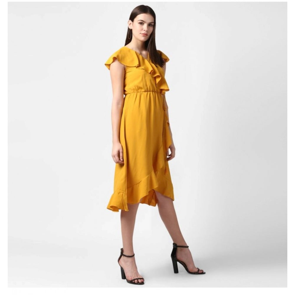 Snuggle Spot Women's Polyester Ruffled Cap Sleeve Knee-Length Dress (Yellow)