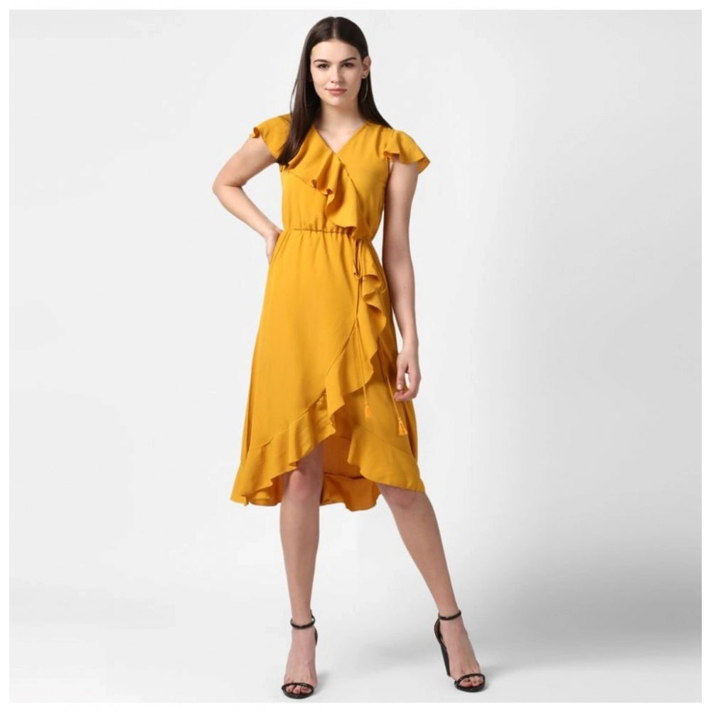 Snuggle Spot Women's Polyester Ruffled Cap Sleeve Knee-Length Dress (Yellow)