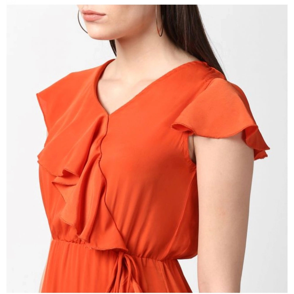 Snuggle Spot Women's Polyester Ruffled Cap Sleeve Knee-Length Dress (Orange)