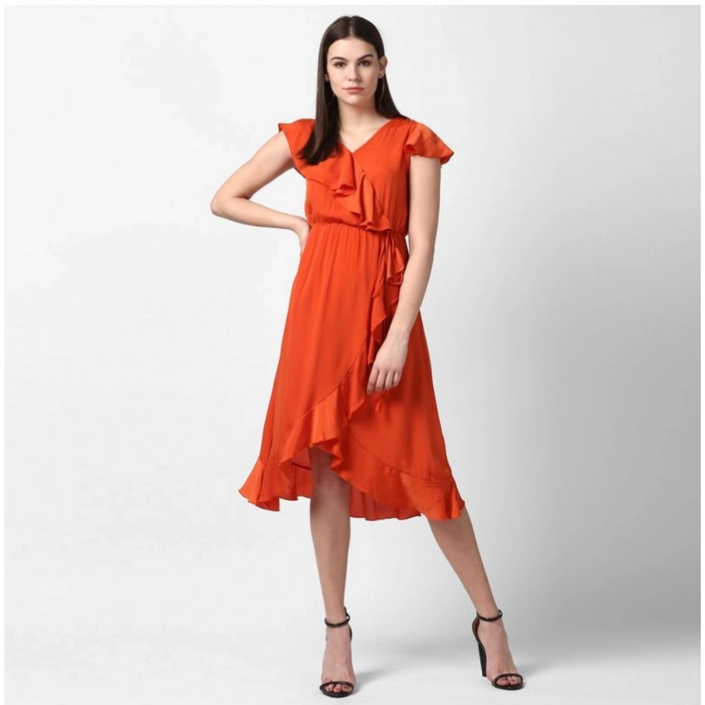 Snuggle Spot Women's Polyester Ruffled Cap Sleeve Knee-Length Dress (Orange)