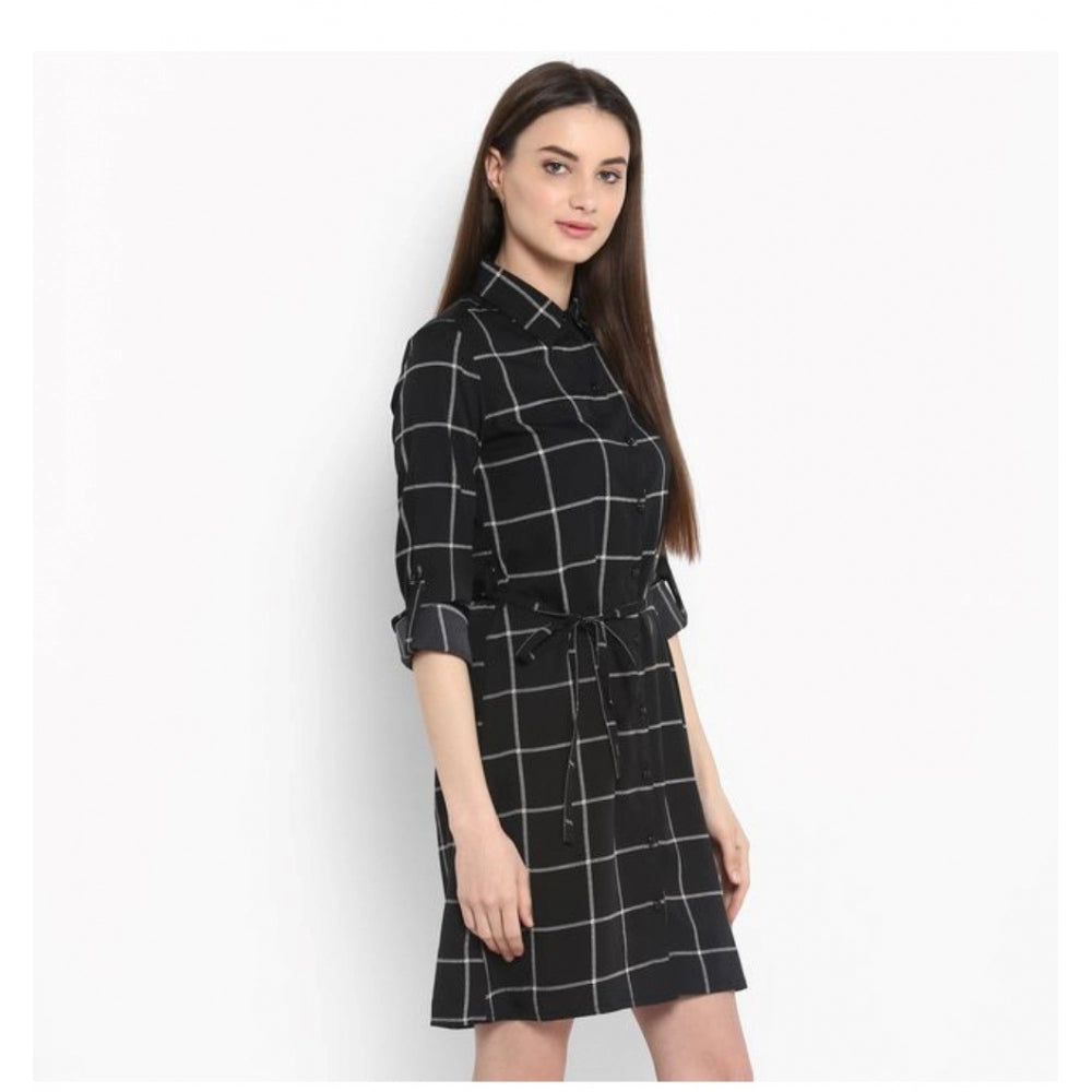 Snuggle Spot Women's Polyester Checkered Roll Up Sleeve Above Knee Dress (Black - White)