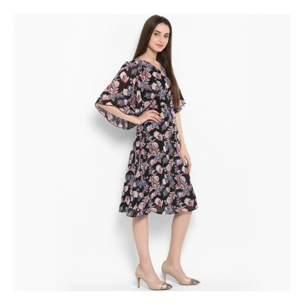 Snuggle Spot Women's Polyester Floral Short Sleeve Knee-Length Dress (Black - Multicolor)